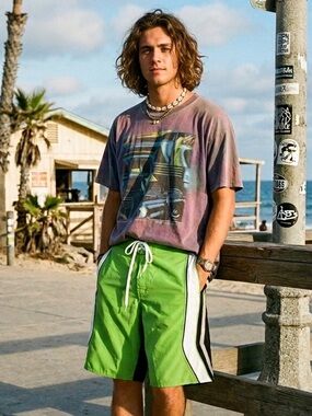 Vintage Hobie Shorts Mens Sz 34 Neon Green Beach Surf Skate Board 90s Retro Y2K